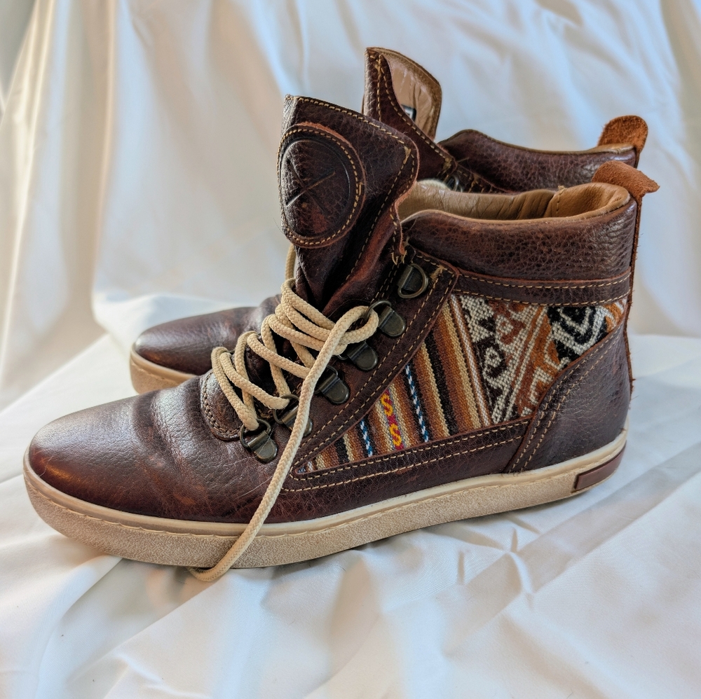 inkkas Brown Leather & Woven Accent Ankle Booties